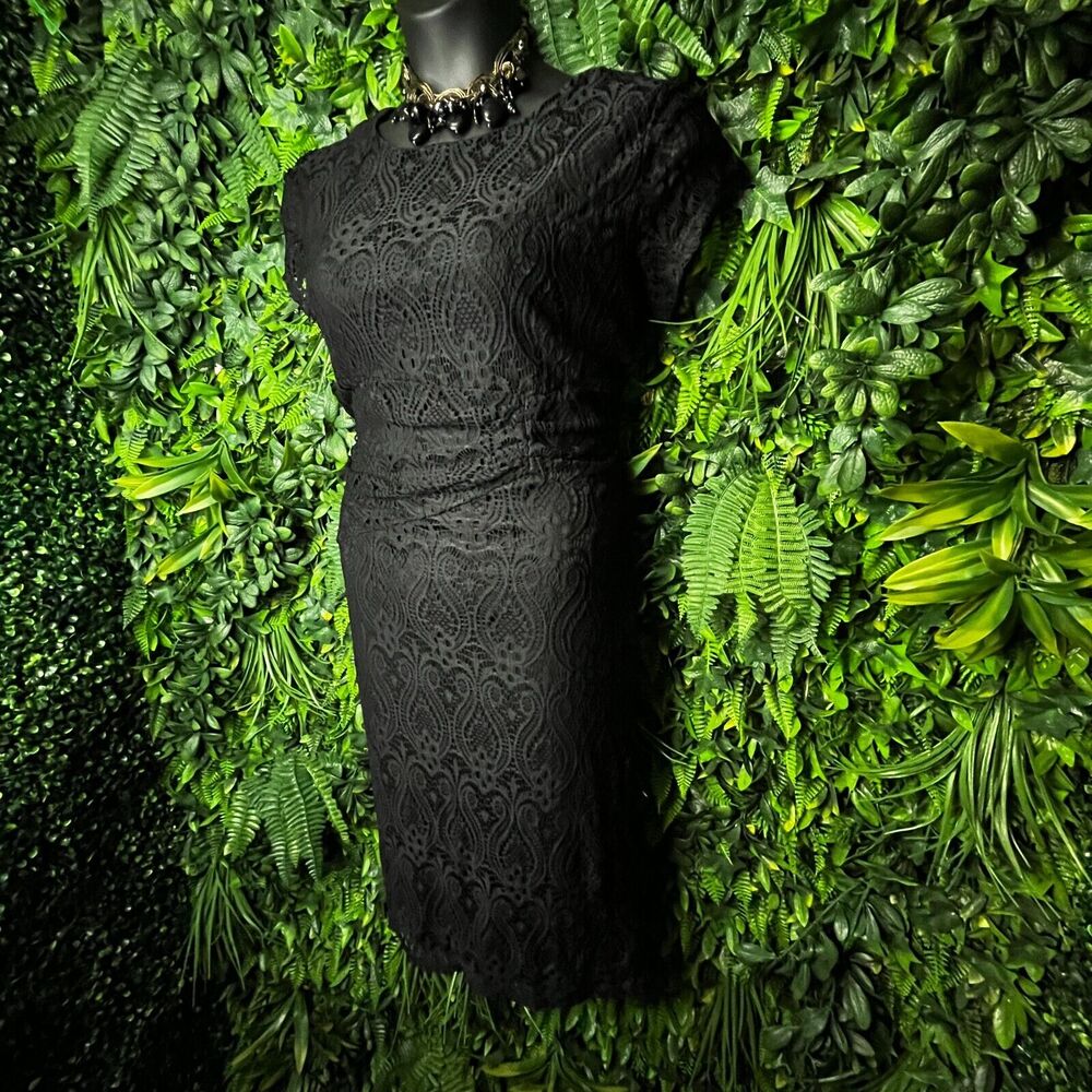 Women Dress Medium Black Short Sleeve‎ Sheath Lace all Over Lined Nina Piu 0557